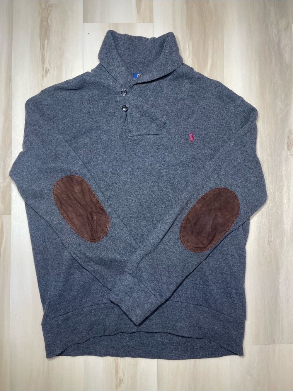 Polo Ralph Lauren Sweater Men’s Sz L Gray Elbow Patch Shawl Collar Casual Preppy